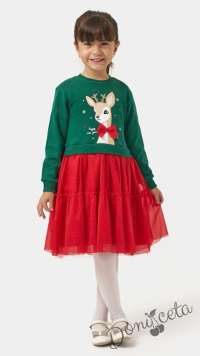 Детска коледна ватирана рокля в зелено с картинка на еленче с блестящ тюл в червено 1