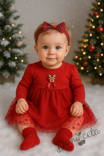 Бебешка/детска коледна рокля в червено с дълъг ръкав с еленче