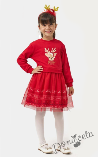 Детска коледна ватирана рокля в червено с картинка на еленче с тюл в червено с коледни мотиви1