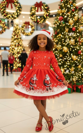 Коледна детска рокля с дълъг ръкав в червено с Дядо Коледа, коледни мотиви и снежинки с коледна шапка 1 4