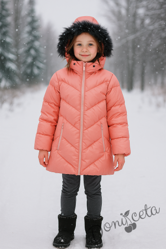 Детско зимно яке за момиче с качулка в цвят корал