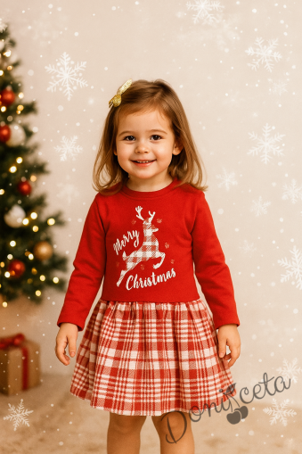 Детска коледна рокля в червено и каре с елен и надпис Весела Коледа