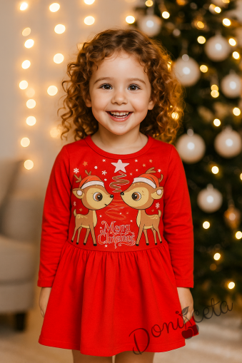 Леко ватирна коледна детска рокля с дълъг ръкав със сърнички