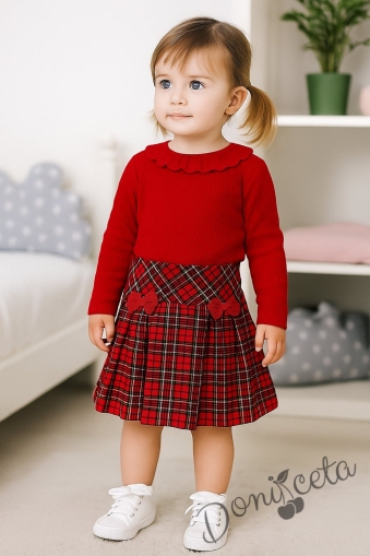 Комплект за момиче от 2 части-пола Вили в каре с панделки и блуза с дълъг ръкав в червено с дантела