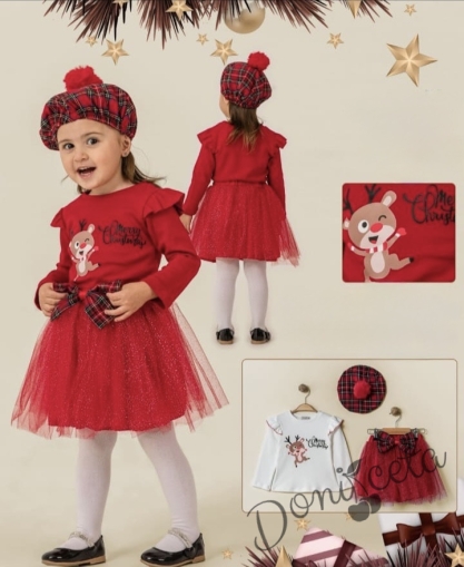 Коледен детски комплект за момиче пола, блузка в червено с еленче и барета в каре с пух