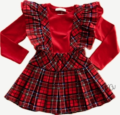 Комплект за момиче от блуза в  червено с къдрички с картинка и сукман в каре