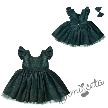 Официална детска рокля с къс ръкав с брокат в зелен цвят с тюл с панделка и фиба с панделка 1