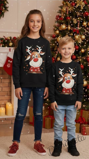 Коледна тройно ватирана блуза Звън с еленче с шалче в черно