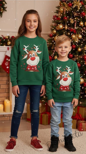 Коледна тройно ватирана блуза Звън с еленче с шалче в зелено