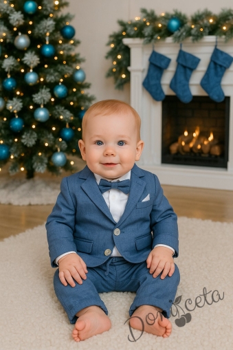 Бебешки комплект от 4 части за момче-боди-риза в бяло, сако в синьо и панталон в син цвят с папийонка