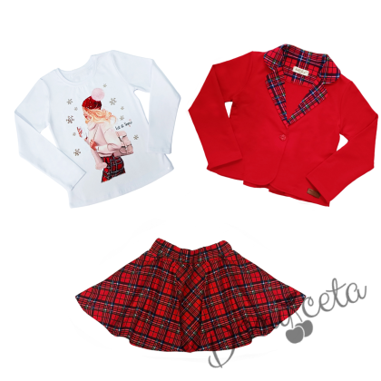 Комплект за момиче от 3 части-сако в каре,пола клош от трико Роси в каре и блуза с дълъг ръкав в бяло с коледна картинка