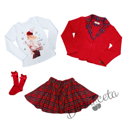 Комплект за момиче от 4 части-сако в каре, пола клош от трико Роси в каре, блуза с дълъг ръкав в бяло с коледна картинка и чорапи с панделка