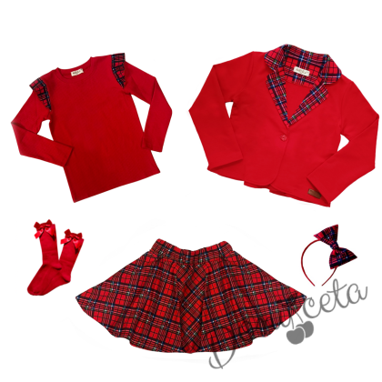Комплект за момиче от 5 части-сако в каре, пола клош от трико Роси в каре, блуза рипс с дълъг ръкав в червено, чорапи с панделка и диадема