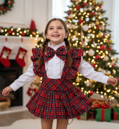 Комплект за момиче от 3 части- сукман Гери в каре с плисирана пола, риза в бяло с дълъг ръкав и къдрички и панделка в каре