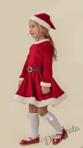 Коледна детска рокля в червено с плюш с коледна шапка и коланче