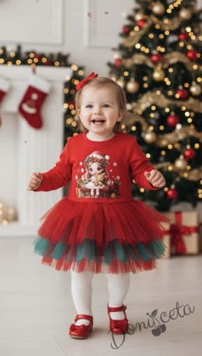 Ватирана бебешка детска коледна рокля в червено с тюл и коледна картинка на момиченце