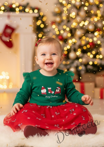 Коледна бебешка рокля в зелено с тюл в червено с коледни мотиви