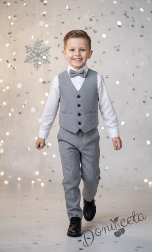 Официален костюм в сиво за момче от 4 части- ризка в бяло, панталон, елек и папийонка 