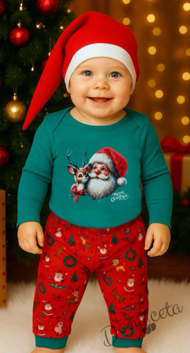  Бебешки коледен комплект от боди в зелено с картинка на Дядо Коледа, панталонки с коледни мотиви и шапка 1