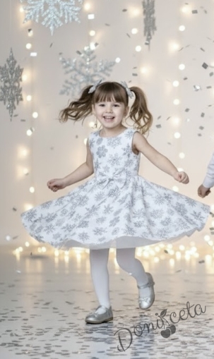 Детска коледна рокля в бяло клош със снежинки в сиво