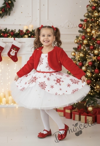 Детска коледна рокля в бяло на червени снежинки с тюл и коланче и пухкаво болеро в червено
