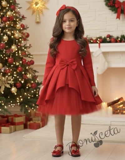  Официална детска рокля от плат Мариска с дълъг ръкав в червено с тюл 