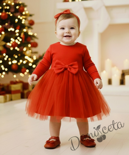  Официална детска рокля с дълъг ръкав Дантеса в червено с богат тюл  