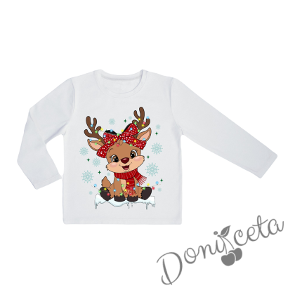 Коледна блуза в бяло с дълъг ръкав и сладка картинка на еленче с панделка
