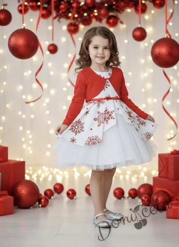 Детска коледна рокля в бяло на червени снежинки с тюл и болеро в червено