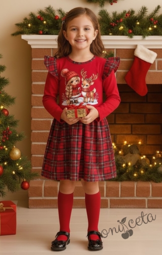 Детска коледна рокля с дълъг ръкав в червено с каре в долната част и картинка на момиченце и еленче