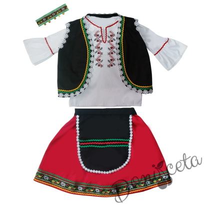 Дамска или детска народна носия 100 с косичник за глава-риза с бродерия, пола, елек, черна престилка с фолклорни/етно мотиви и косичник