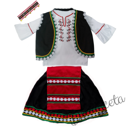 Дамска или детска народна носия 101 с косичник за глава-риза с бродерия, пола, елек,червена престилка с фолклорни/етно мотиви и косичник