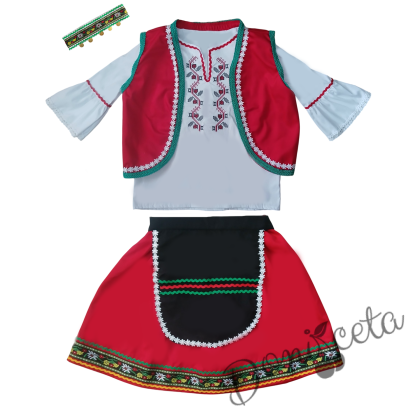 Дамска или детска народна носия 102 с косичник за глава-риза с бродерия, пола, елек, черна престилка с фолклорни/етно мотиви и косичник