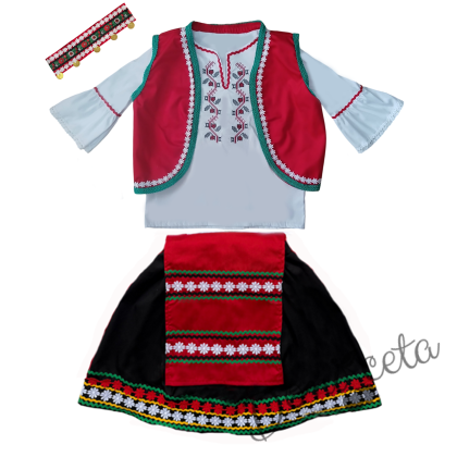 Дамска или детска народна носия 103 с косичник за глава-риза с бродерия, пола, елек, черна престилка с фолклорни/етно мотиви и косичник