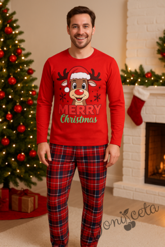 Мъжка коледна пижама  в червено с весело еленче и надпис Весела Коледа
