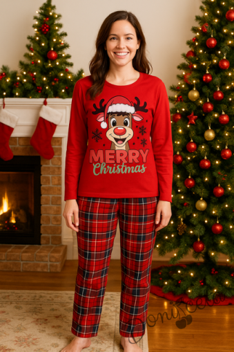 Детска или дамска  коледна пижама  в червено с весело еленче и надпис Весела Коледа