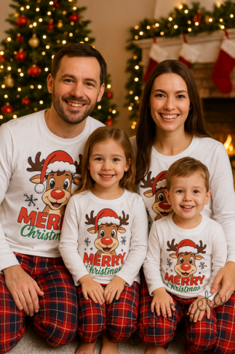 Детска, дамска или мъжка коледна пижама  в бяло и каре с весело еленче и надпис Весела Коледа