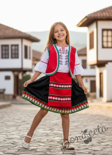 Дамска или детска народна носия 103-риза с бродерия, пола, елек, и черна престилка с фолклорни/етно мотиви