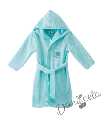 Детски халат за баня с качулка, джобчета и картинка в цвят мента