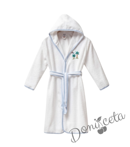 Детски халат за баня в бяло и синьо с качулка, джобчета и картинка