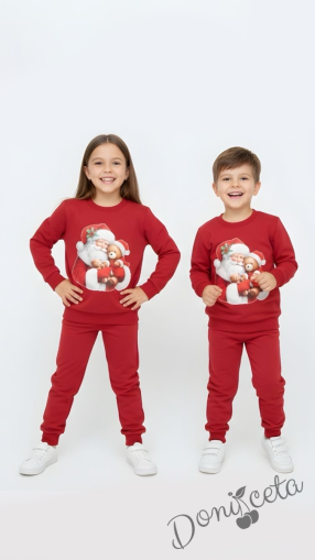 Ватиран детски коледен комплект за момче/момиче от блуза със снежен човек и надпис и панталонки в червено