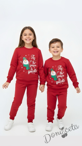 Ватиран детски коледен комплект за момче/момиче от блуза в червено със снежен човек и надпис и панталонки в червено