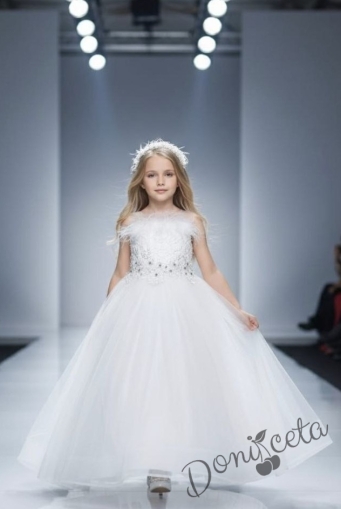 Дълга официална детска дълга рокля до долу в бяло без ръкав Шери с диадема от колекция Снежина