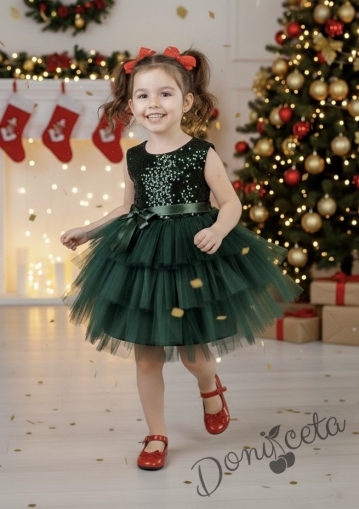 Детска официална рокля Хава в зелено от пайети и тюл на пластове
