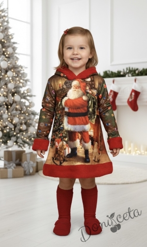 Коледна детска рокля в червено с дядо Коледа с качулка и червен пухкав завършек