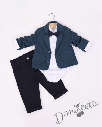 Бебешки комплект за момче от 4 части- боди-риза в бяло с панталон, сако и папийонка в тъмносиньо и тъмен панталон