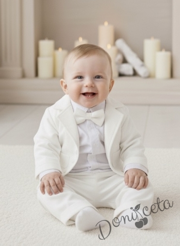 Официален бебешки костюм за момче от 4 части - сако в бяло, риза в бяло, панталон и папийонка в бяло