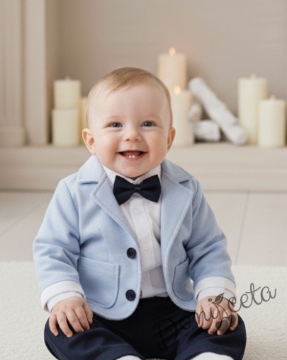 Официален бебешки костюм за момче от 4 части - сако в светлосиньо, риза в бяло, панталон и папийонка в тъмносиньо