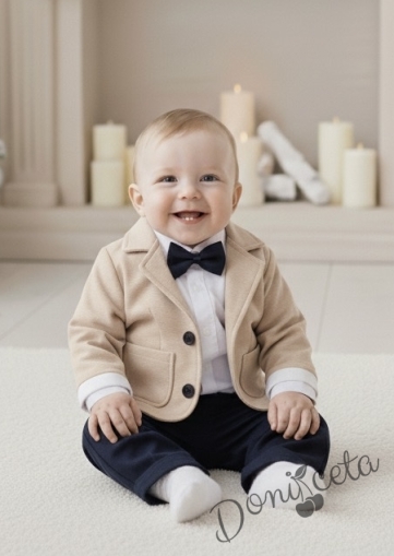 Бебешки комплект за момче от 4 части - боди-риза в бяло с панталон, сако и папийонка в бежово и тъмен панталон