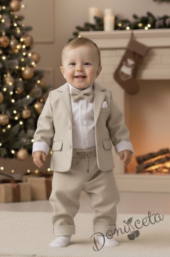 Бебешки елегантен костюм за момче от 4 части в бежово- сако, панталон, риза в бяло и папийонка